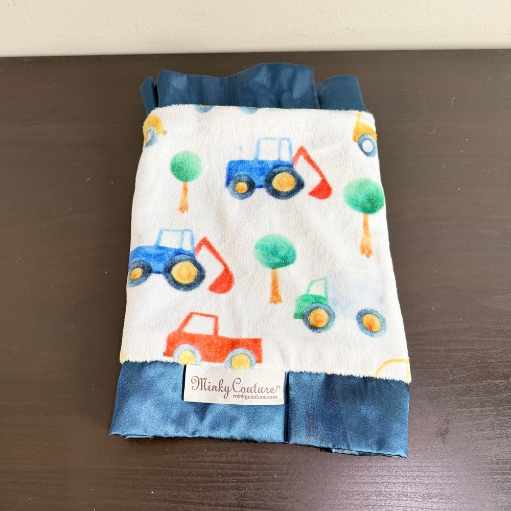 Minky Couture Mini Security Blanket Blue Tractor Car Print Satin Ruffle Border